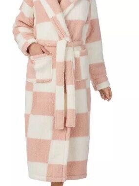 Sanctuary Pink Checkered Sherpa Robe Cozy Belted Wrap Lounge